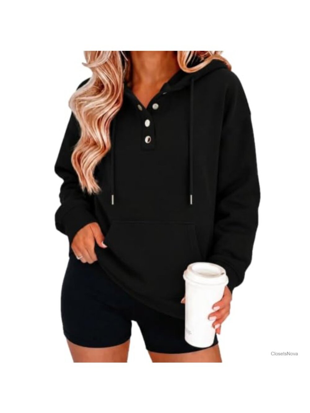 Women's V-Neck Button Front Hoodie Cotton Blend Oversized Sweatshirt